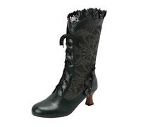 Xbemkste Women's Long Boots with Heel, Round Toe, Medium High Lace-Up Boots, Vintage Lace Western Boots, Long Shaft Winter Boots, Elegant Women's Boots, Half Boots, Green, 8.5 UK