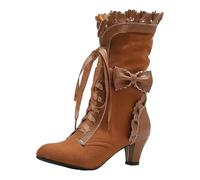Xbemkste Women's Medium High Boots with Heel, Elegant Lace-Up Boots with Bow, Round Toe, Western Cowboy Boots, Comfortable Half Boots, Winter Boots, Long Shaft Women's Boots, yellow, 8.5 UK