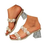 Xbemkste Women's Mules with Heel Transparent Shoes Women's Summer Elegant Sandals with Block Heel and Pearls Chic Square Head for Party Wedding, gold, 2/2.5 UK