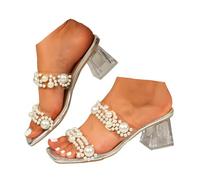 Xbemkste Women's Mules with Heel Transparent Shoes Women's Summer Elegant Sandals with Block Heel and Pearls Chic Square Head for Party Wedding, silver, 2/2.5 UK