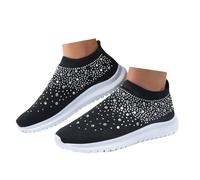 Xbemkste Women's Running Shoes, Breathable Mesh Sports Shoes, Slip-On Walking Shoes, Lightweight Trainers with Rhinestone, Comfortable, Soft, Fly Weaving, Casual Shoes, black, 5.5 UK