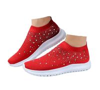 Xbemkste Women's Running Shoes, Breathable Mesh Sports Shoes, Slip-On Walking Shoes, Lightweight Trainers with Rhinestone, Comfortable, Soft, Fly Weaving, Casual Shoes, red, 8.5 UK