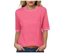 Xbemkste Womens Tops Comfortable Women's Short Sleeve Strip T Shirt Versatile for Casual Beach and Everyday Wear t Shirts for Women UK Multipack (XL) Hot Pink