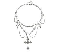 xbiez Gothic Cross Rosary Necklace Vintage Charm Pendant Handmade Pearl Beaded Punk Choker Chain Jewelry Pearl Beaded Necklace Favor Choker For Women