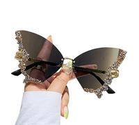 xbiez Rhinestone Bling Sunglasses Butterfly Glasses Diamond Butterfly Sunglasses Cat-Eye Women Rimless Sunglasses Small Face