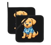 XBKGOHA Blue Plaid Puppy Picture Square pot mat two-piece set, insulated, thickened, waterproof, easy to clean