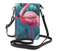XBKGOHA Small Cell Phone Purse 7.6x4.9in Flamingo Bird Round Leaves Printing Leather Crossbody Flap Phone Case For Women, Perfect For Walking, Camping