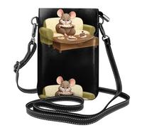 XBKGOHA Small Cell Phone Purse 7.6x4.9in Mouse Eating Cake On The Sofa Printing Leather Crossbody Flap Phone Case For Women, Perfect For Walking, Camping Black