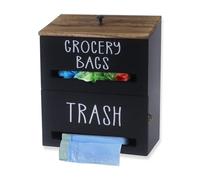 Xbopetda 2 in 1 Trash Bag Dispenser and Grocery Bag Storage Holder, Wooden Carrier Bag Dispenser Bin, Inside Cabinet Cupboard or Wall Mounted Garbage Bag Holder, Black Trash Bag Holder for Roll Bags