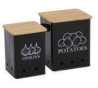 Xbopetda 2 Pack Kitchen Storage Canister, Potato Onion Storage Bin with Wooden Lid and Aerating Holes - Kitchen Pantry Organizer Tin Vegetable Fresh Keeper (Black)