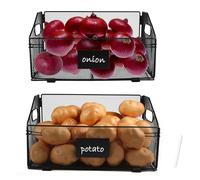 Xbopetda 2 Pack Potato and Onion Storage, Trapezoid Ventilated Vegetable Storage Rack, Foldable Potato Basket Onion Bin with Handle, Kitchen Pantry Metal Mesh Basket for Vegetable Fruit Produce,Black