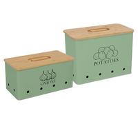 Xbopetda Potato Onion Storage Box, Food Container Sets, Storage Canisters for Vegeatables, Set of 2 Jars Pots Containers, Potato & Onion Bin with Aerating Tin Storage Holes & Wooden Lid-Green