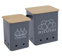 Xbopetda Set of 2 Vegetable Storage Bins, Potato Storage Onion Keeper with Aerating Holes & Wooden Lid - Kitchen Pantry Organiser, Produce Fruits Vegetable Fresh Keeper (Gray)