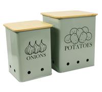 Xbopetda Set of 2 Vegetable Storage Tins, Potato Storage Onion Bin with Aerating Holes & Wooden Lid - Kitchen Pantry Organiser, Produce Fruits Vegetable Fresh Keeper (Green)