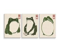 xbsifyiooa Cute Japanese Frog Canvas Wall Art 3pcs 16x24in, Funny Vintage Matsumoto Hoji Green Frog Posters, Wabi Sabi Aesthetic Room Decor, Eclectic Asian Animal Print Painting Unframed