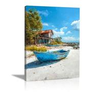 XBTYKPB Abstract Wall Canvas Art, Beach Boatsss House, Art Ocean Beach Pictures Paintings,For Office Home Corridor Decor (Blue)(30x40cm/Frameless)