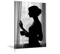 XBTYKPB Black White Silhouette, Elegant Woman In Soft In Front Of Window Canvas Art Posters Wall Painting Print Aesthetic Prints 80x110cm Withframe