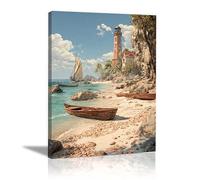 XBTYKPB Blue Ocean Beach Landscape Paintings, Lighthouse Bay, Seascape Poster Canvas Nature Print For Bedroom Bathroom Decor(40x60cm/Frameless)