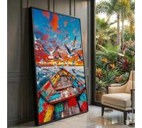 XBTYKPB Boat Canvas, Seagulls in Flight Wall Art,Colorful Ocean Sunset, Nautical Canvas Decor,Coastal Nature Landscape Painting(70x130cm/Inner Frame)