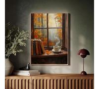 XBTYKPB Cozy Fall Window Scene Canvas Art - Coffee, Books And Fall Foliage In A Warm Rustic Wall Decor Vintage Painting,Posters(50x70cm/Inner frame)