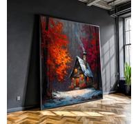XBTYKPB Cozy Winter Cabin Canvas, Snowy Forest Canvas Wall Art, Rustic Stone Cottage Painting,Home Decor,Autumn Landscape Canvas(60x60cm/Inner Frame)