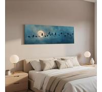 XBTYKPB Flying Geese and Moon Canvas Wall Art, Wide Panoramic Canvas,Blue Night Sky Long Horizontal Framed Print Coastal Scenery(30x90cm/Frameless)