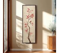 XBTYKPB Japanese Ink Wash Bird Canvas Art, Vertical Red Maple Branch Canvas, Tall Narrow Decor, Traditional Sumi-e Print Painting(55x110cm/Frameless)