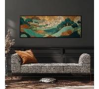 XBTYKPB Japanese Wall Art, Stylized Trees Clouds, Gold Teal Decor, Wide Canvas, Long Horizontal, Chinoiserie Zen Print Painting(70x210cm/Frameless)