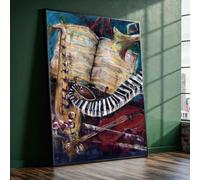 XBTYKPB Jazz Music Instruments Canvas Wall Art,Saxophone Violin and Piano Keys Painting, Notes Sheet Art,Music Home Decor Canvas(70x100cm/Inner Frame)