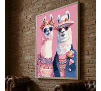 XBTYKPB Llama Duo Canvas, Fun Animal Canvas Wall Art, Colorful Alpaca Portrait, Pink Background Painting, Animal Home Decoration(40x60cm/Frameless)
