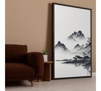 XBTYKPB Misty Mountain Landscape Canvas, Ink Painting, Traditional House by Lake, Black White Wall Art, Nature Scene, Pictures(70x110cm/Frameless)