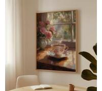 XBTYKPB Morning Tea by the Window - Floral Teacup and Pink Roses Canvas Wall Art, Cozy Cottagecore Kitchen and Dining Room Decor(21x30cm/Frameless)