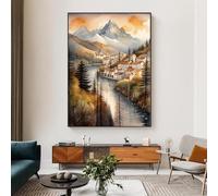 XBTYKPB Mountain Village by the River Alpine Landscape Canvas Wall Art, Sunset Mountain Print, Watercolor Landscape Art Posters 21x30cm Frameless