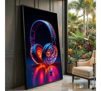 XBTYKPB Neon Headphones Canvas Wall Art, Music Note Design, Audio Technology Decor, Electronic Canvas, Contemporary Art Painting(70x110cm/Inner Frame)