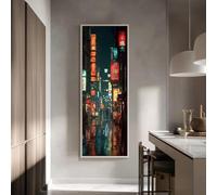 XBTYKPB Neon Street Canvas Art, Vertical Cyberpunk Cityscape, Tall Narrow Rainy Night Print, Urban Japanese Decor, Architecture(50x150cm/Inner Frame)