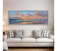 XBTYKPB Ocean Sunset Painting, Long Horizontal Print Wide Panoramic Canvas Large Coastal Beach Art, Cloud Print, Sofa Wall Decor(65x195cm/Frameless)