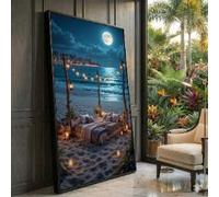 XBTYKPB Romantic Beach Bed Setup, Moonlit Ocean View Canvas, Outdoor Night Scene, String and Lanterns Canvas, Coastal Home Deco(60x105cm/Frameless)