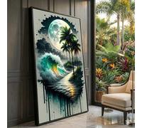 XBTYKPB Tropical Moonlit Night Painting, Ocean Wave and Palm Trees Wall Art, Surreal Coastal Landscape, Beach Scene Canvas Decor(80x140cm/Frameless)