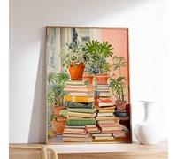 XBTYKPB Vintage Book Stack Canvas Arts Print - Floral & Bookish Decor, Ink Painting Posters Living Room, Classroom, Wall Artwork 40x60cm Frameless