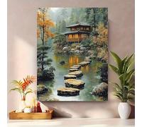XBTYKPB Zen Stone Path Canvas Painting - Japanese Bonsai Wall Art With Autumn Foliage & Wooden House, Garden Decor Mural(70x100cm/Frameless)