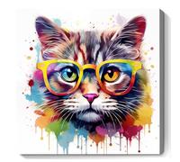 XBUMHOAL Cat With Glasses Canvas Wall Art Graffiti Posters Cute Pictures Animals With Glasses Colorful Print Funny Artwork Watercolor Painting Decor 16x16inch No Frame