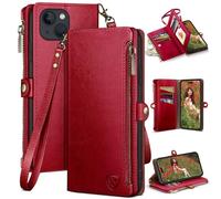 XcaseBar Design for iPhone 15 6.1" Wallet case with Zipper Credit Card Holder【RFID】, Flip Folio Book PU Leather Phone case Shockproof Cover Women Men for Apple 15 case Red