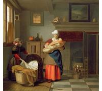 XcBAIHOUD Famous Famous Art Minimalist Prints Nursemaid with Baby in an Interior and a Young Girl Preparing the Cradle by Pieter De Hooch Art Canvas Murals for Home Decor 60x90cm