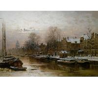 XcBAIHOUD Famous Painting Art Print Poster Canvas Prints Snow Covered Barges on the Singel Amsterdam by Johannes Christiaan Karel Klinkenberg Picture Mural for Home Decor 60x90cm