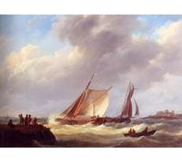 XcBAIHOUD Famous Painting Modern Artwork Classic Canvas Painting Fishermen on a Jetty Overlooking a River Estuary a Castle Beyond by Johannes Hermanus Koekkoek for Home Decor 60x90cm