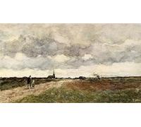 XcBAIHOUD Famous Painting Modern Canvas Prints Animal Pictures Figures on a Country Road a Church in the Distance by Jan Hendrik Weissenbruch Vintage Poster for Home Decor 60x90cm