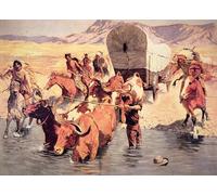 XcBAIHOUD Vintage Art Print Poster Canvas Prints Indians Attacking a Pioneer Wagon Train by Frederic Remington Picture Mural for Office Decor 60x90cm