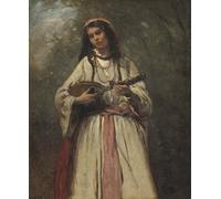 XcBAIHOUD Vintage Modern Artwork Classic Canvas Painting Gypsy Girl With Mandolin by Jean Baptiste Camille Corot Printed Paintings for Office Decor 60x90cm