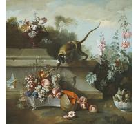 XcBAIHOUD Vintage Modern Artwork Classic Canvas Painting Still Life with Monkey Fruits and Flowers by Jean Baptiste Oudry Printed Paintings for Office Decor 60x90cm