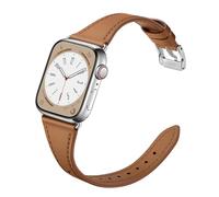 XCCYBTT Slim Leather Bands Compatible with Apple Watch Band 46mm/49mm/45mm/44mm/42mm, Genuine Leather Strap for iWatch Series 10/9/8/7/6/5/4/3/2/1/SE Ultra 2/1 Women, Brown/Silver